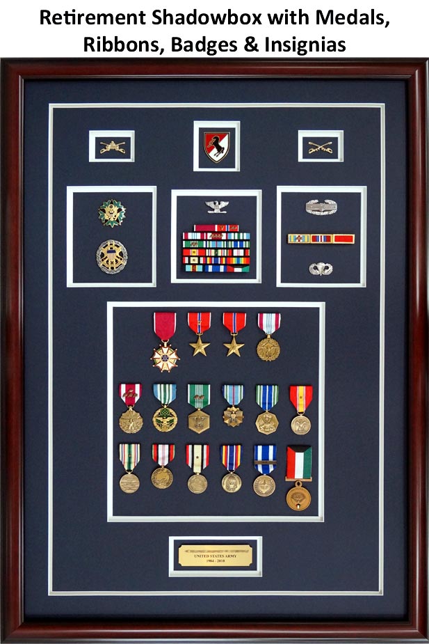 Framed Medals with Ribbons, Insignias, and Badges Retirement Shadowbox